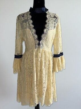 Free People Gilded Lace Victorian with Navy Trim Romantic Boho Mini Dress M